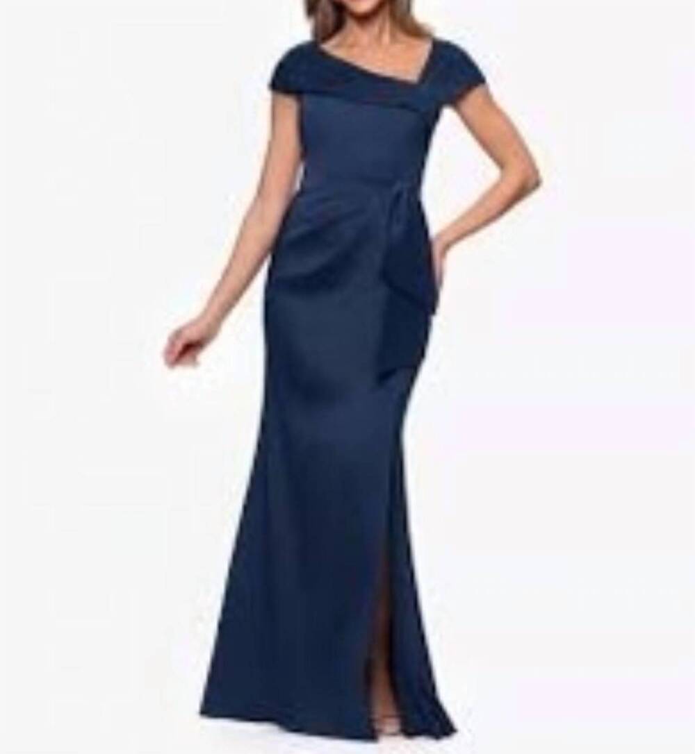 NEW XSCAPE off-the-shoulder full-length sheath dress in navy
